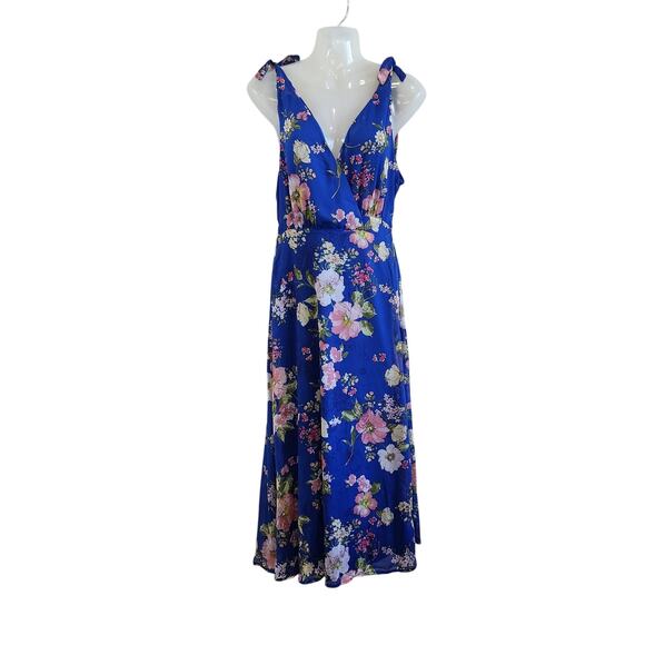 Lulus Sleeveless Floral Wedding Guest Tie-Strap Wrap Midi Dress Blue Size Small - Picture 1 of 8
